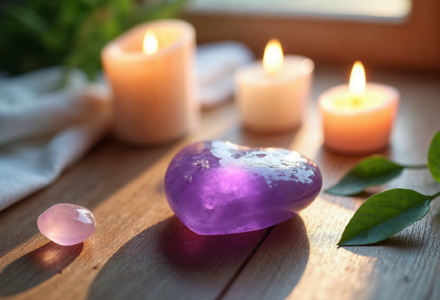 Lithothérapie : Bienfaits des Pierres Naturelles pikaso edit Image of a serene crystal healing setup featuring