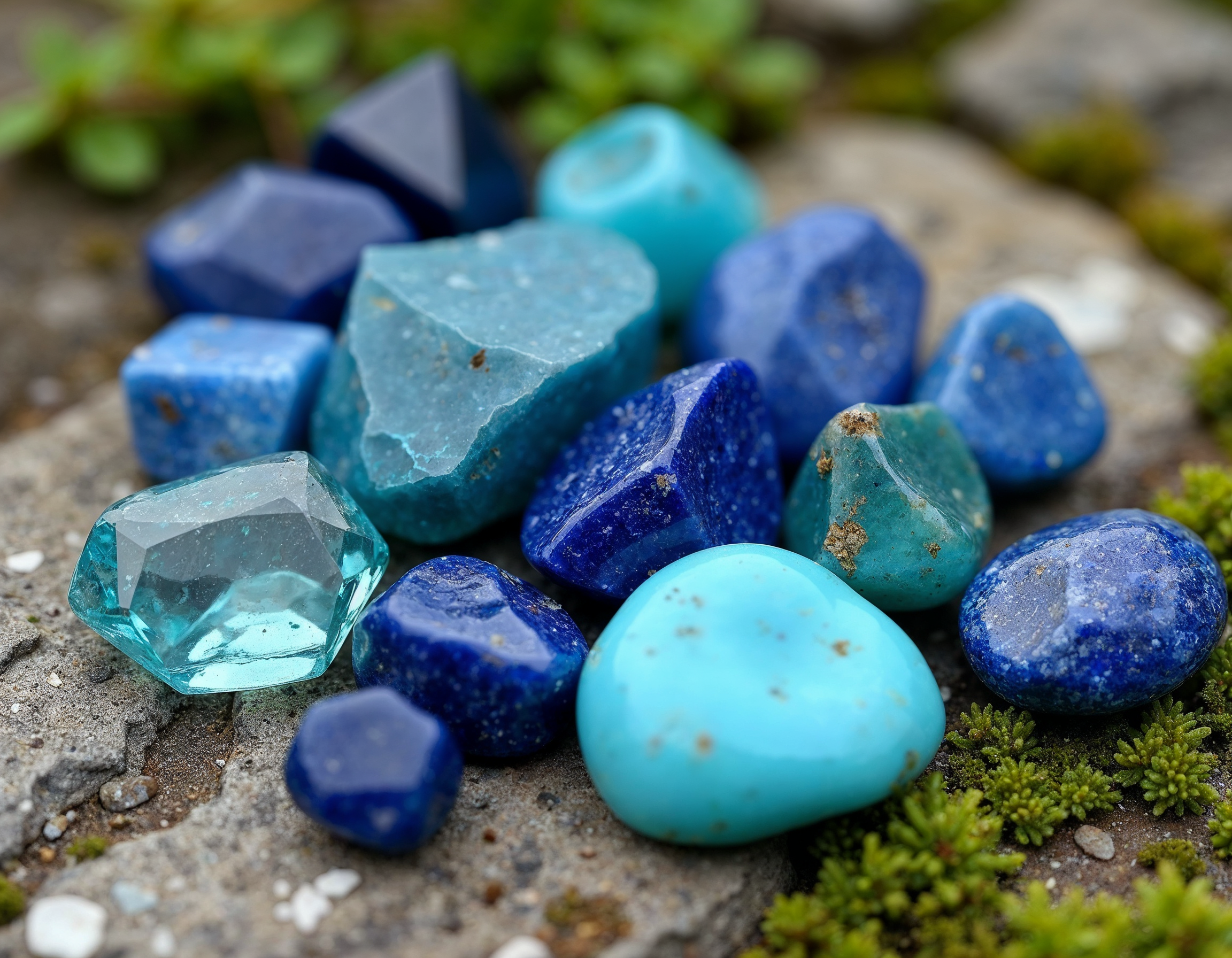 10 Pierres Naturelles Bleues : Beauté, Symbolisme et Origines pikaso edit raw gemstones like Lapis Lazuli Aquamarine Blue To